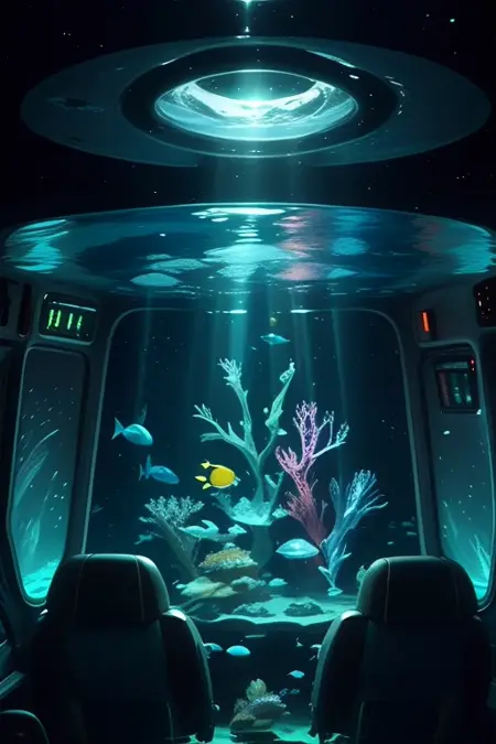 from inside the cockpit of a glass submarine, looking out on ocean life in the area, being illuminated by a spotlight. (Dark water=2), (Sealife in spo (1704853829743).mp4